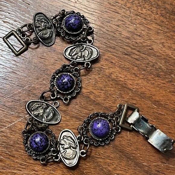 Jewelry - Antique Silver & Purple Stone Victorian Style Bracelet 6.5"